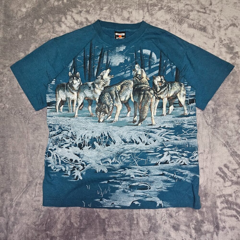Vintage Signal Sports Tag HABITATXCIV Wolf Pack AOP Shirt Large Made In The USA